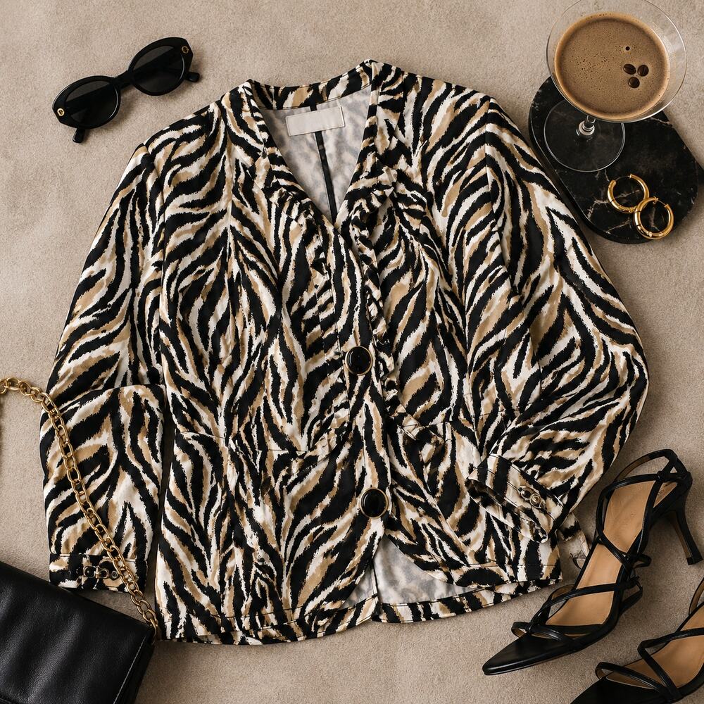 Animal Print Ruched Tie Front Blazer Jacket Women’s Medium Zebra Career